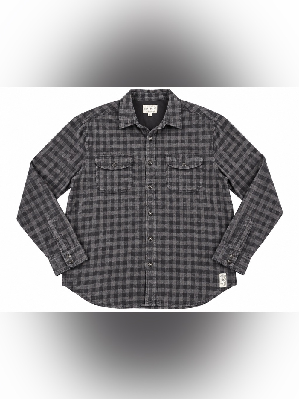 Lucky Brand Men’s Large Gray Black Plaid Flannel Shirt Snap Button Western